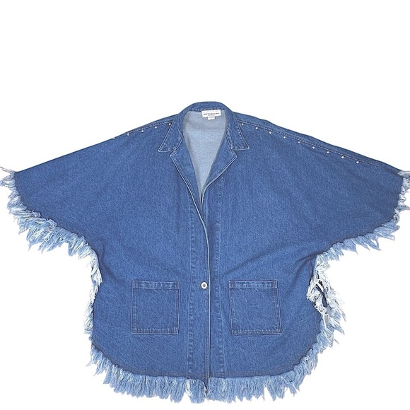 VTG CELE'S COLLECTION Silver Stud Denim Fringe Poncho Jacket Women's Size L - Picture 6 of 16